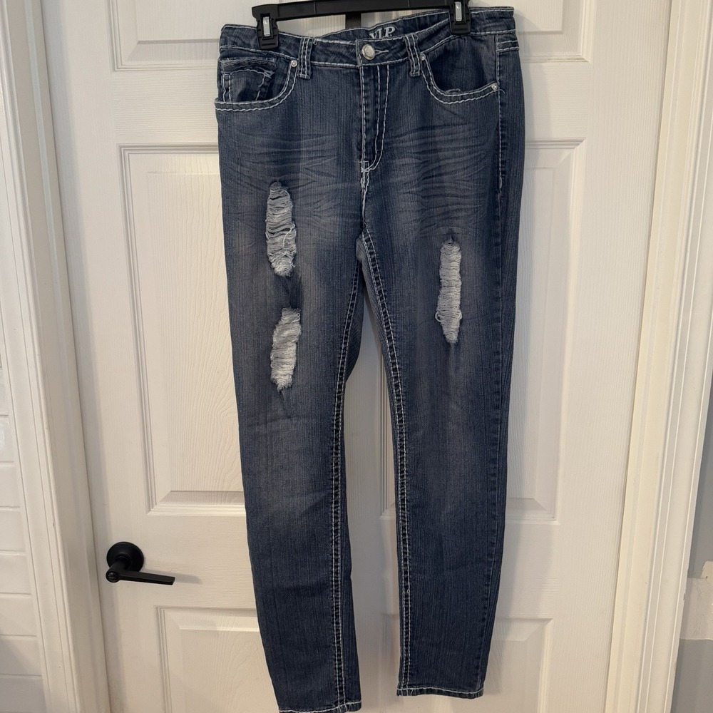 VIP JEANS Skinny Jeans Womens‎ 13/14 Blue Dark Wash Distressed Stretch FLAW
